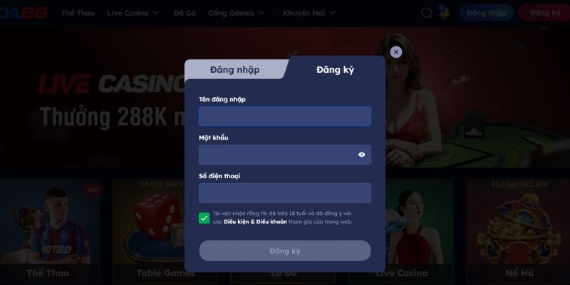 Điền thông tin đăng ký đăng nhập DA88